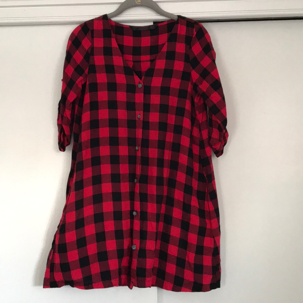 Zara Red/Black Plaid Button Tunic with Pockets